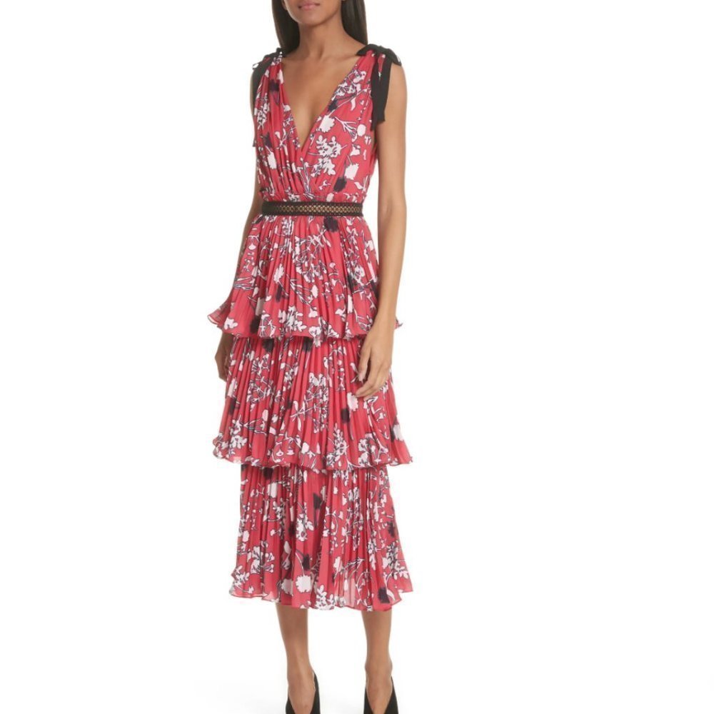 Self-Portrait Floral Pleated Tiered Midi Dress - 6